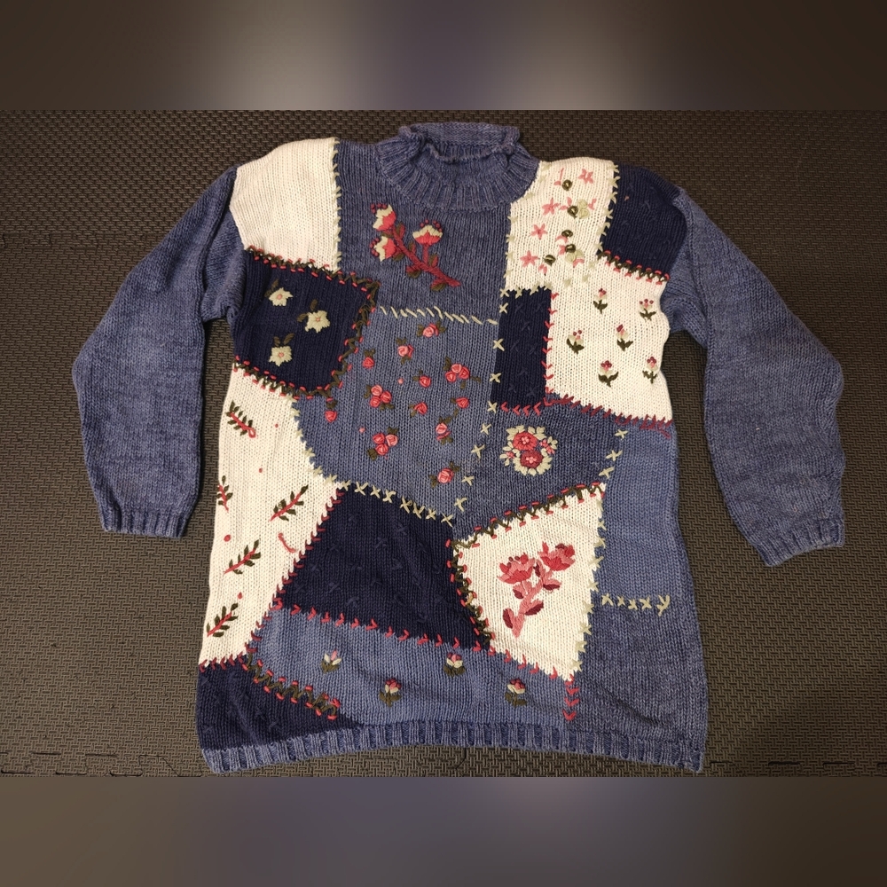 Patchwork Knit Sweater - Blue and Cream